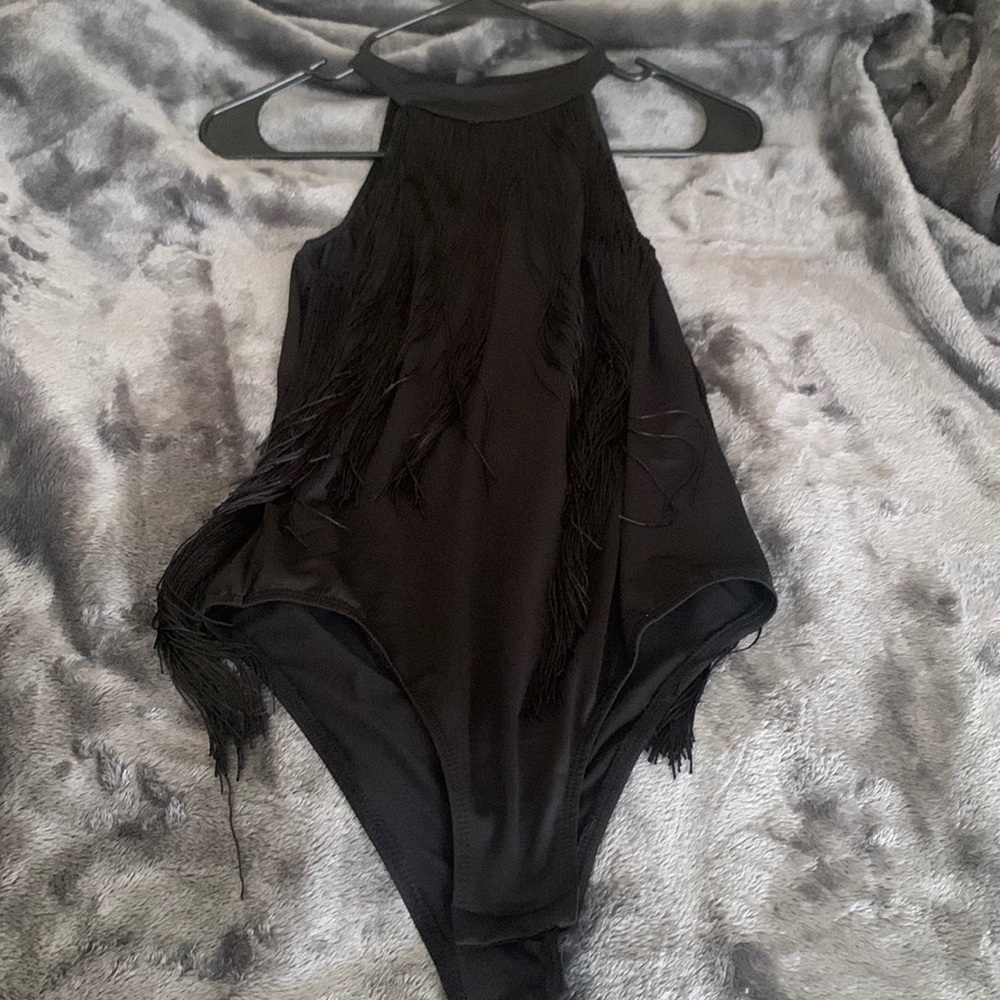Black fringe body suit from SHEIN.